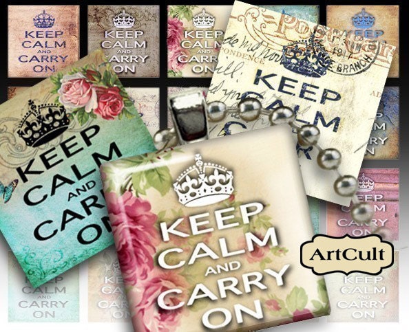 KEEP CALM And CARRY On - Digital Collage Sheet 1x1 inch / 7/8x7/8 inch size Printable downloads for pendants magnets Paper goods
