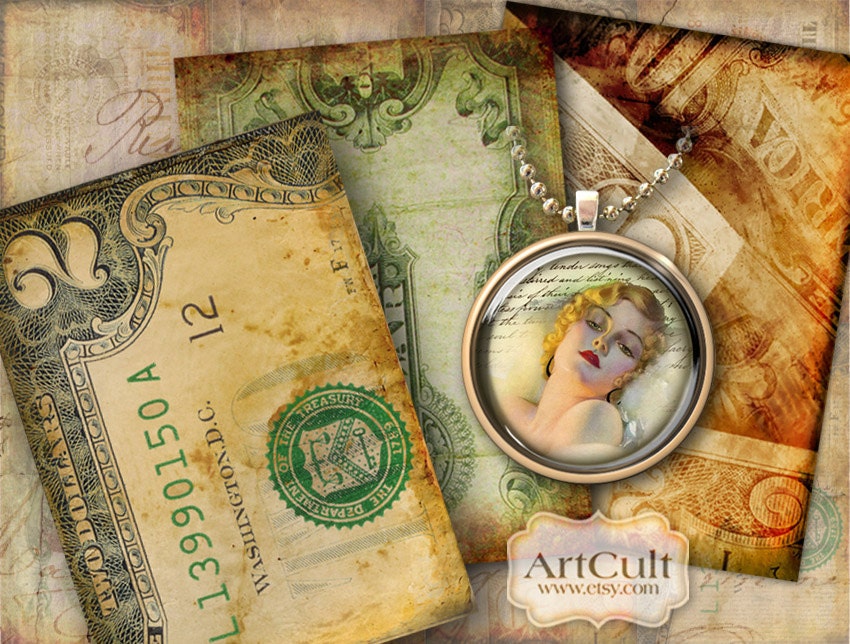 TATTERED MONEY BILLS - Printable Jewelry Holders Digital Collage Sheet Vintage Paper Goods Gift tags