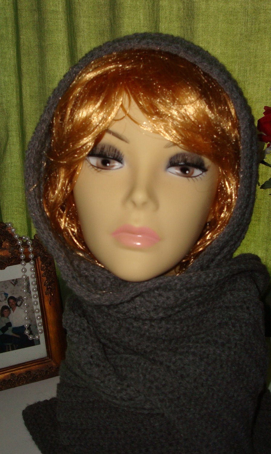 Hand Crochet Gray Hooded Scarf/Neck wrap/Clearance