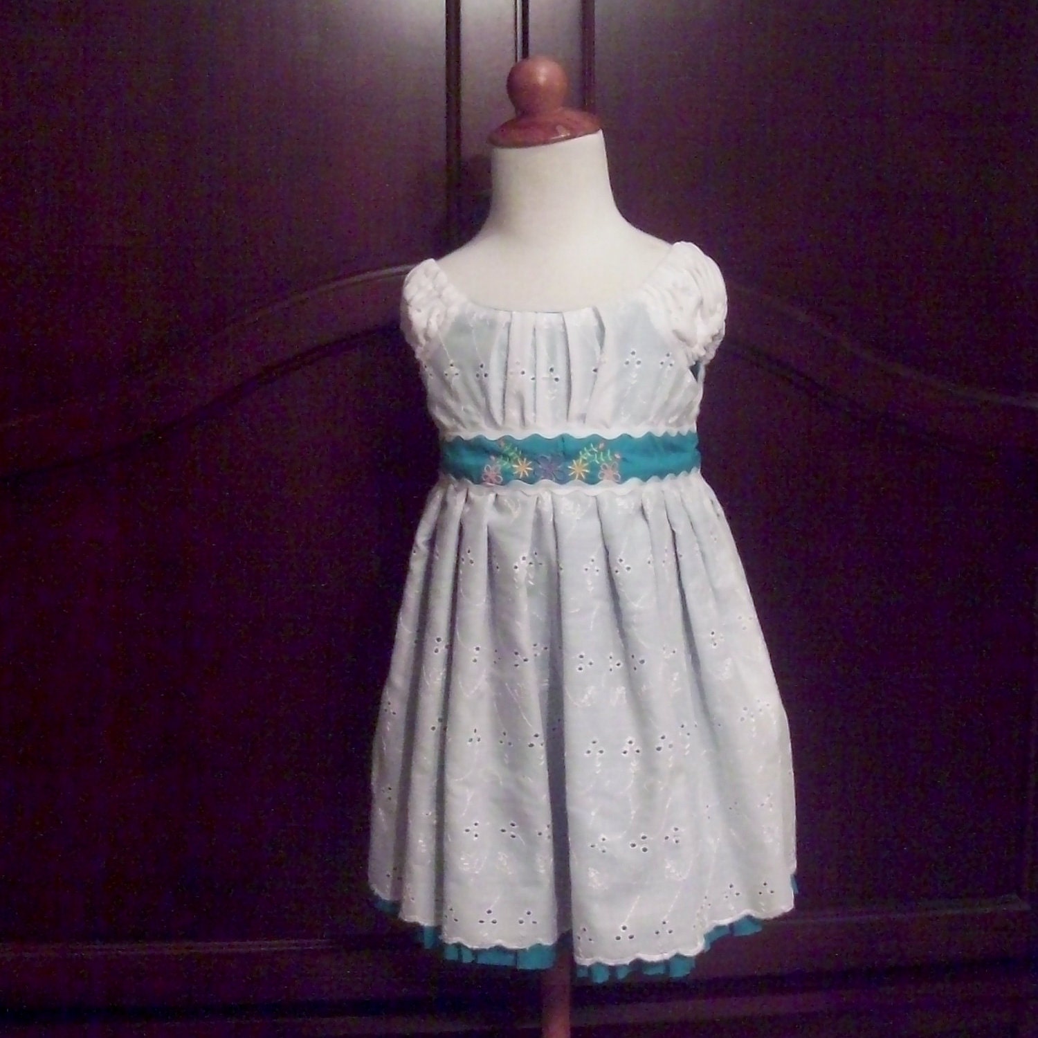 White Eyelet Easter, Party, Flower Girl Dress over Turquoise with Embroidery Flowers and Pleated Ruffles