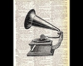 GRAMOPHONE art print black white retro music gramaphone wall decor upcycled vintage dictionary print book page text 8x10