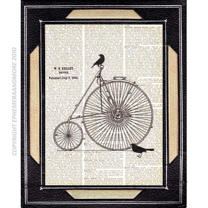 Vintage Bicycle art print on upcycled dictionary book page black white bike illustration black bird silhouette steampunk Kelley 8x10