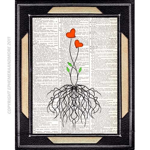 YOU ARE not ALONE original mixed media on vintage book page art print on dictionaryred red heart roots love flower wedding anniversary 8x10