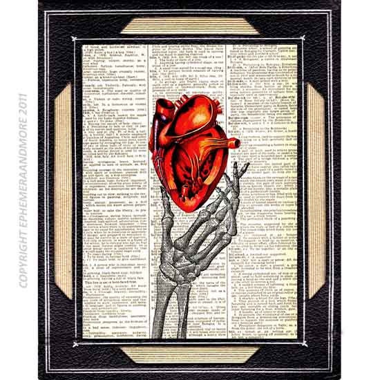 Dictionary art print ANATOMICAL HEART dictionary print on upcycled book page art print 8x10, human anatomy, skeleton hand, anatomy humor