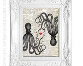 OCTOPUS LOVE dictionary art print on upcycled dictionary print antique book page art print black white red  beach wedding anniversary 8x10