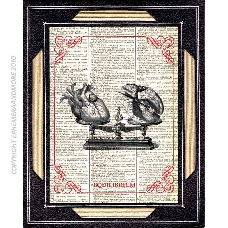EQUILIBRIUM anatomical HEART and BRAIN balance art print on dictionary book page art print libra medical science Dictionary print  8x10