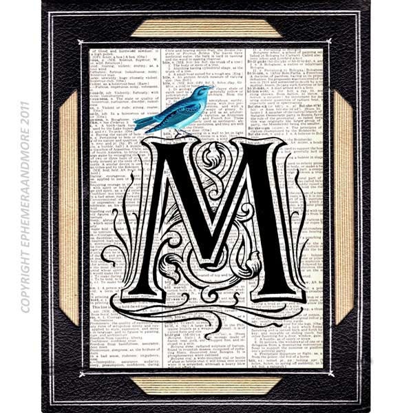 Letter M Alphabet Typography art print on vintage dictionary book page, Text ART, Ornate Initial monogram M with Blue Bird 5x7