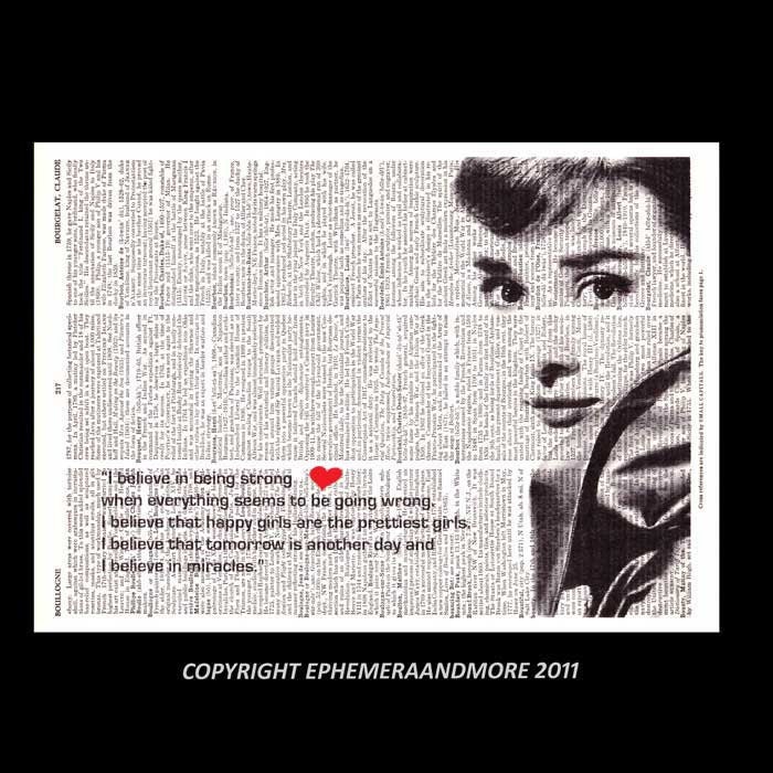 AUDREY HEPBURN art print Breakfast at Tiffany's I Believe quote dictionary print book page art print dictionary art print 8x10