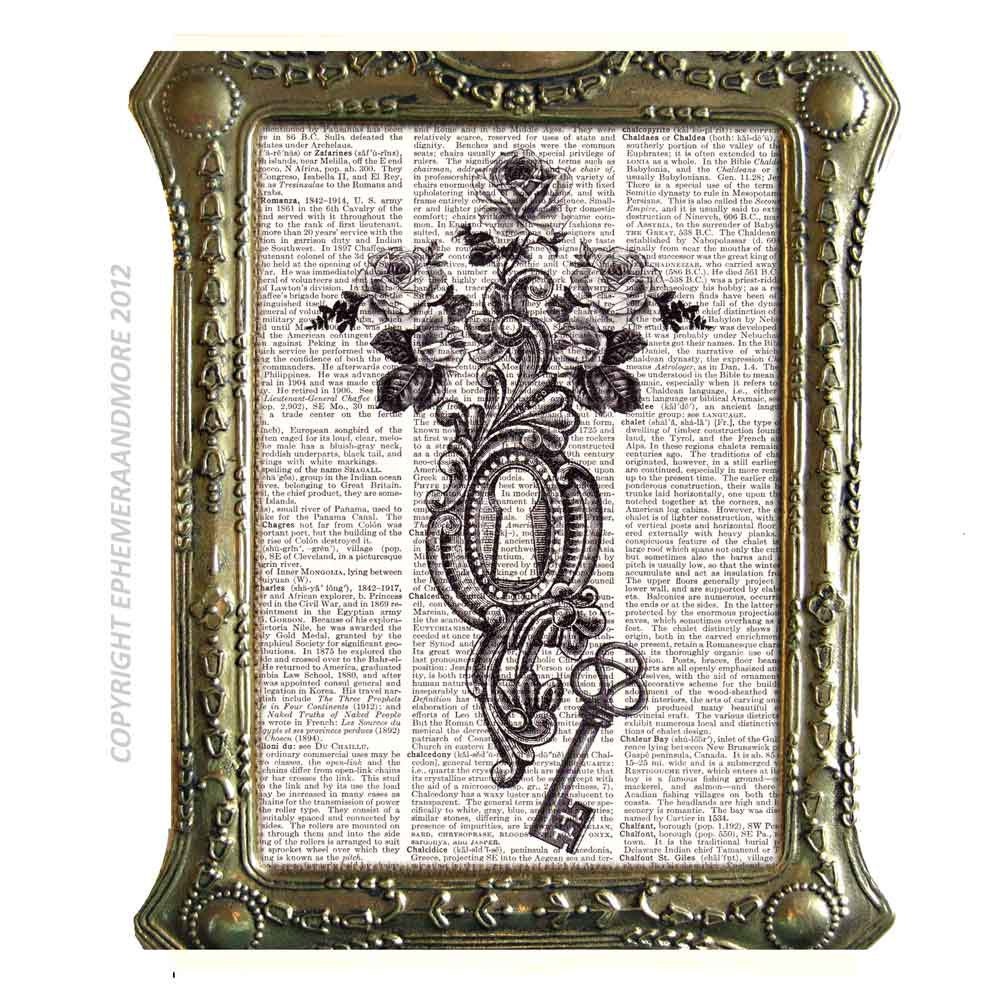 VICTORIAN Key Hole and SKELETON KEY art print on dictionary book page art print dictionary print Victorian Door Lock vintage roses 8x10