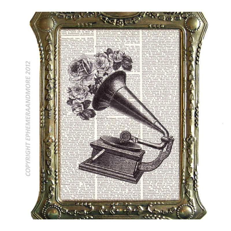 GRAMOPHONE with vintage roses art print on dictionary book page art print dictionary print black white retro wall decor 8x10