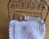 Soft knitted and crocheted dollhouse blanket 4.25" White with ribbon