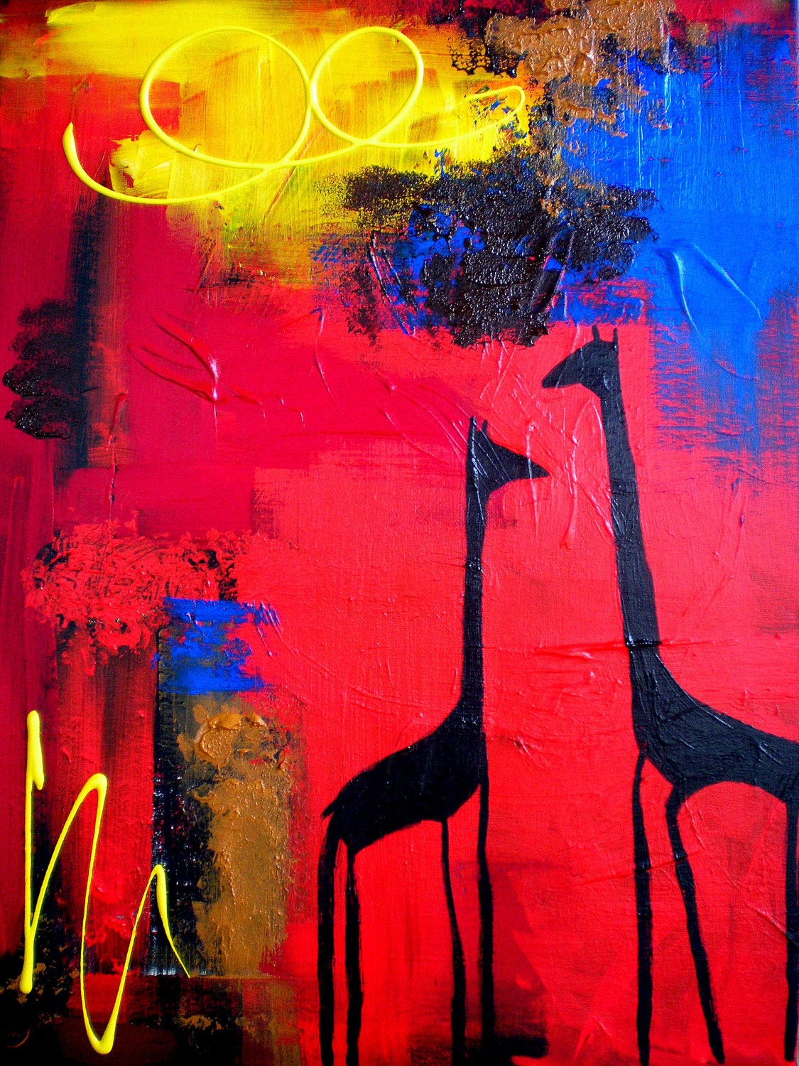 giclee print of a silhouette of giraffes against an abstract background, acrylic and gouache on canvas