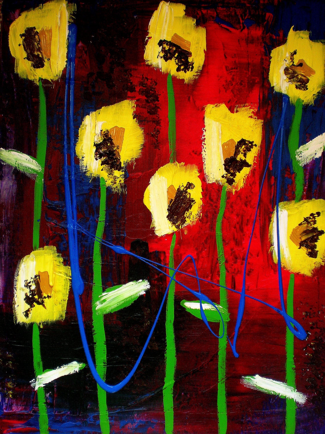 giclee print of bright yellow flowers against abstract background, depicting hope blooming, acrylic and gouache on canvas