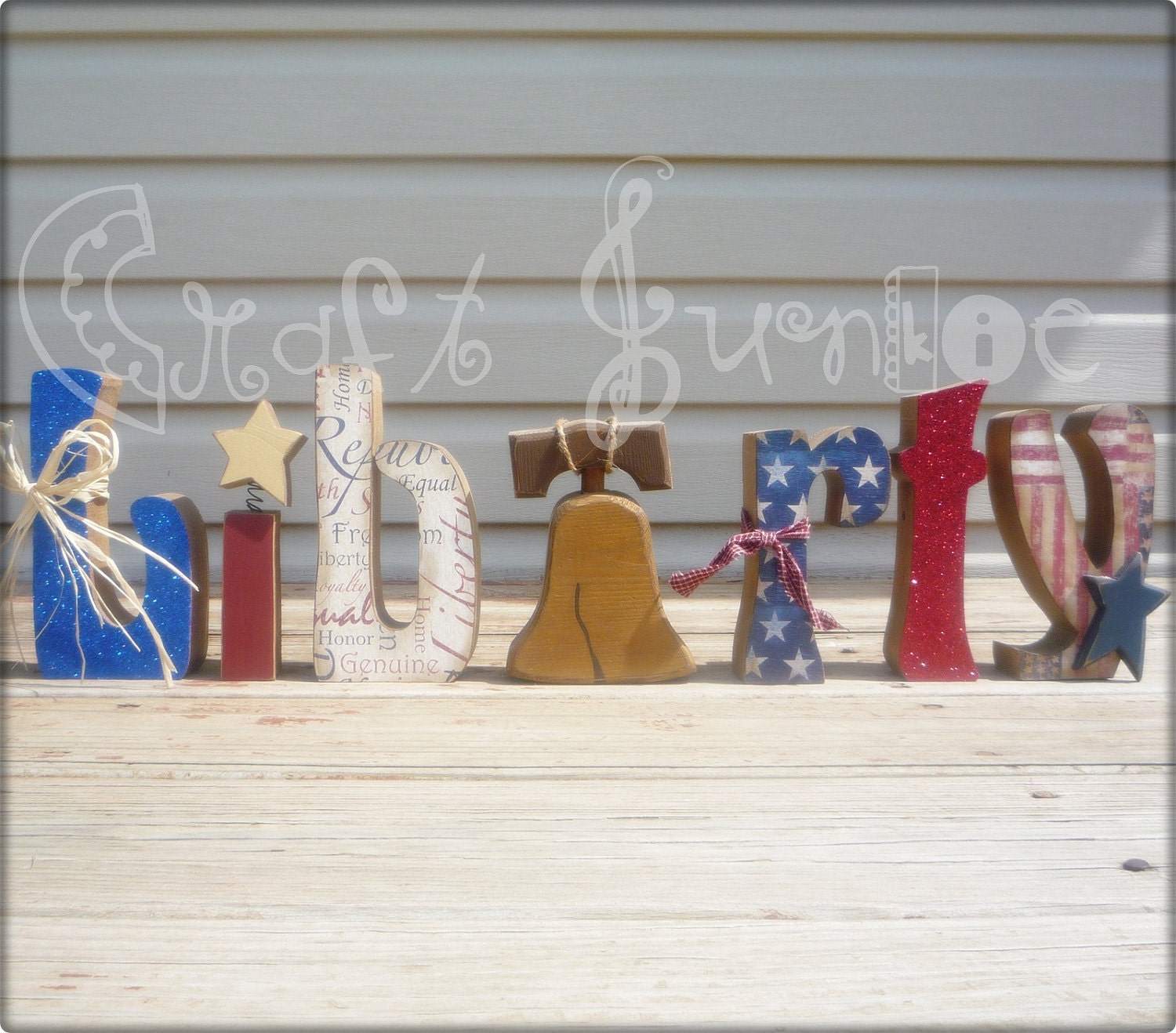 Chunky wooden LIBERTY distressed americana letters with liberty bell