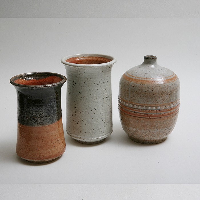 Wheel Thrown Stoneware Earth Collection, 1 bottle and two vases