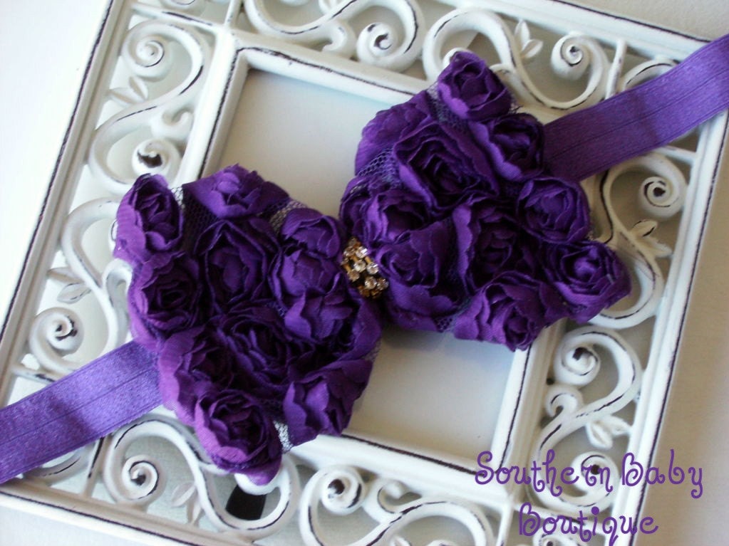 SUPER SALE----Boutique Baby Girl Headband with Rhinestone Rose Flower Bow-------PURPLE-------Romantic Couture