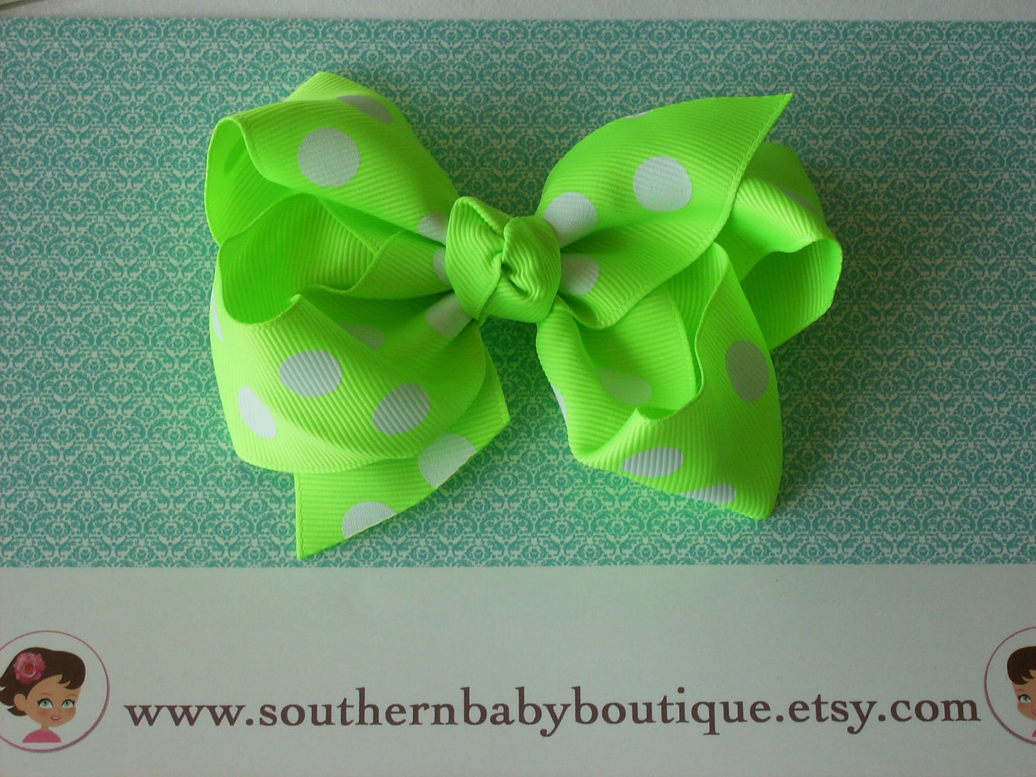 NEW ITEM------Boutique Large Hair Bow Clip-----Polka Dots-----Neon Green---SALE