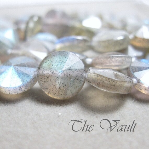 4 Labradorite 8.5mm coins, etched and polished alternating pie slice faceted