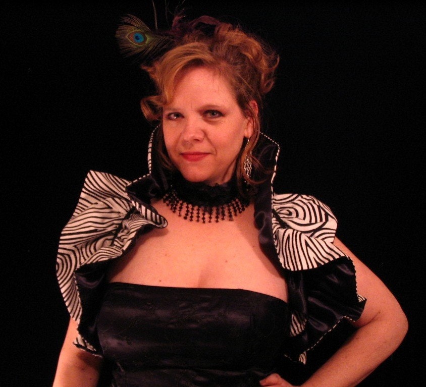 SHRUG Cirque Macabre black and white ruffled  -Reversible Fancy Dress, OOAK Steampunk Victorian Burlesque Dressup