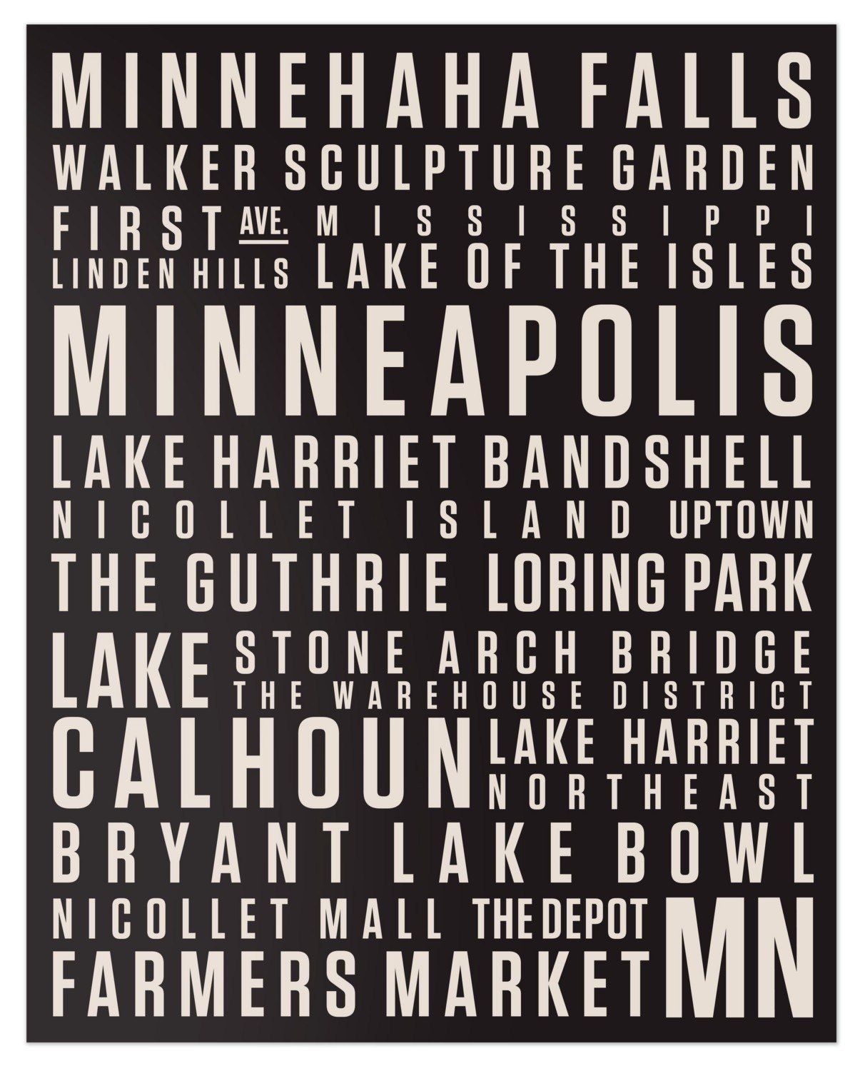 Minneapolis Digital Print // 16x20 Beige on Black // Locality