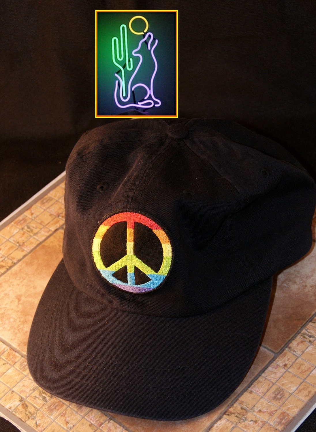 Rainbow Peace Sign Embroidered Black Ball Cap VINTAGE