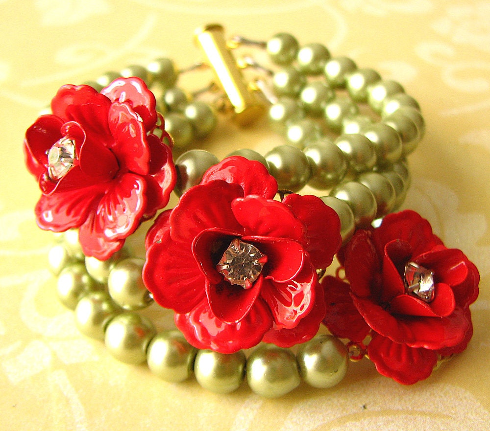 Beaded Cuff Bracelet Flower Jewelry Rose Bracelet Red Jewelry Lime Green Bracelet