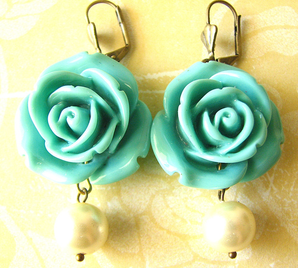 Rose Earrings Flower Earrings Turquoise Jewelry Pearl Earrings Bridesmaid Jewelry Bridesmaid Earrings