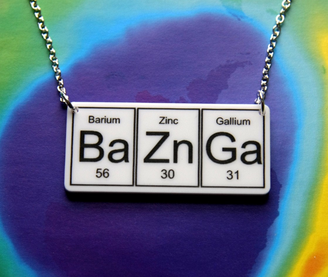 BAZINGA....White  BaZnGa   Necklace  silver plated chain ... periodic table inspired jewelery