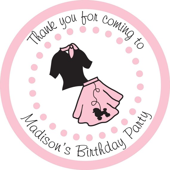 Poodle Skirt, Pink, Personalized Stickers, Polka dots, Birthday, Children, Party, Favor stickers, Labels, Personalized Stickers Set of 24 Il_570xn