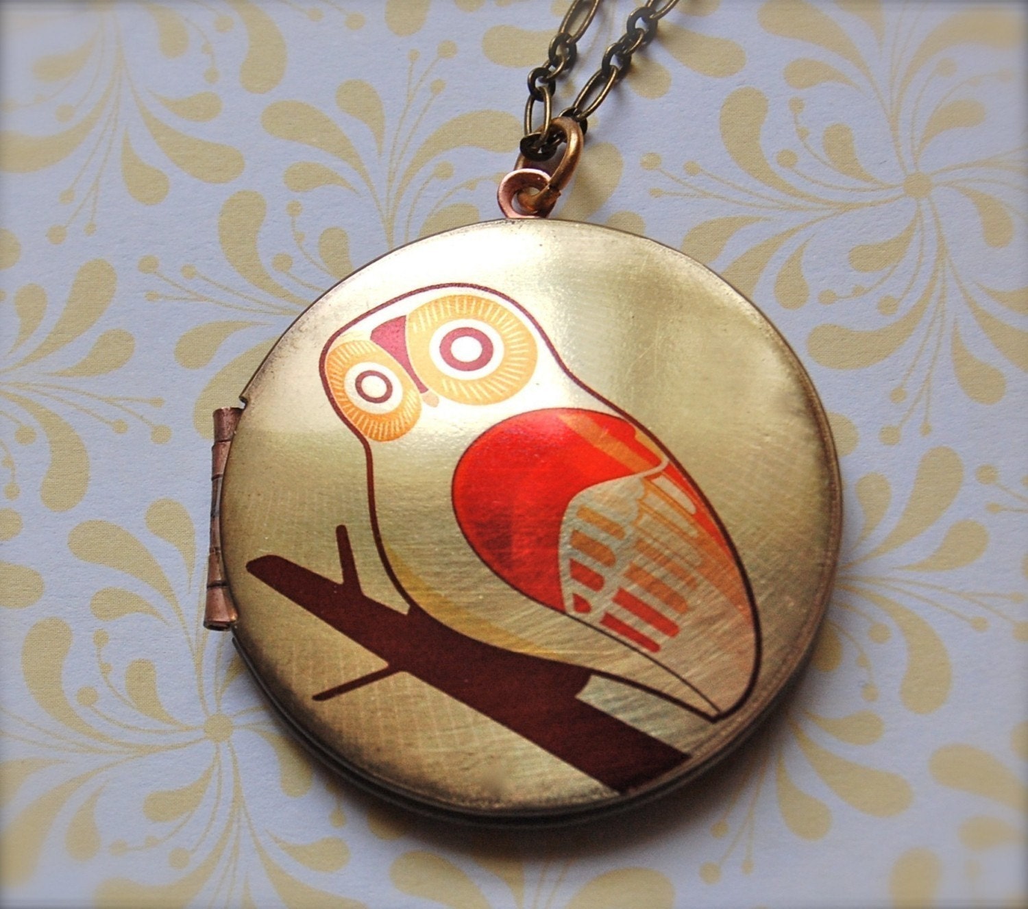 Vintage Art  Locket Owl on Branch