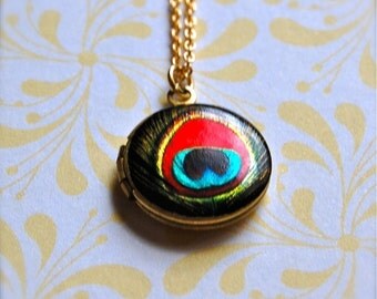 The Tiniest Red Peacock Feather Locket - Vintage