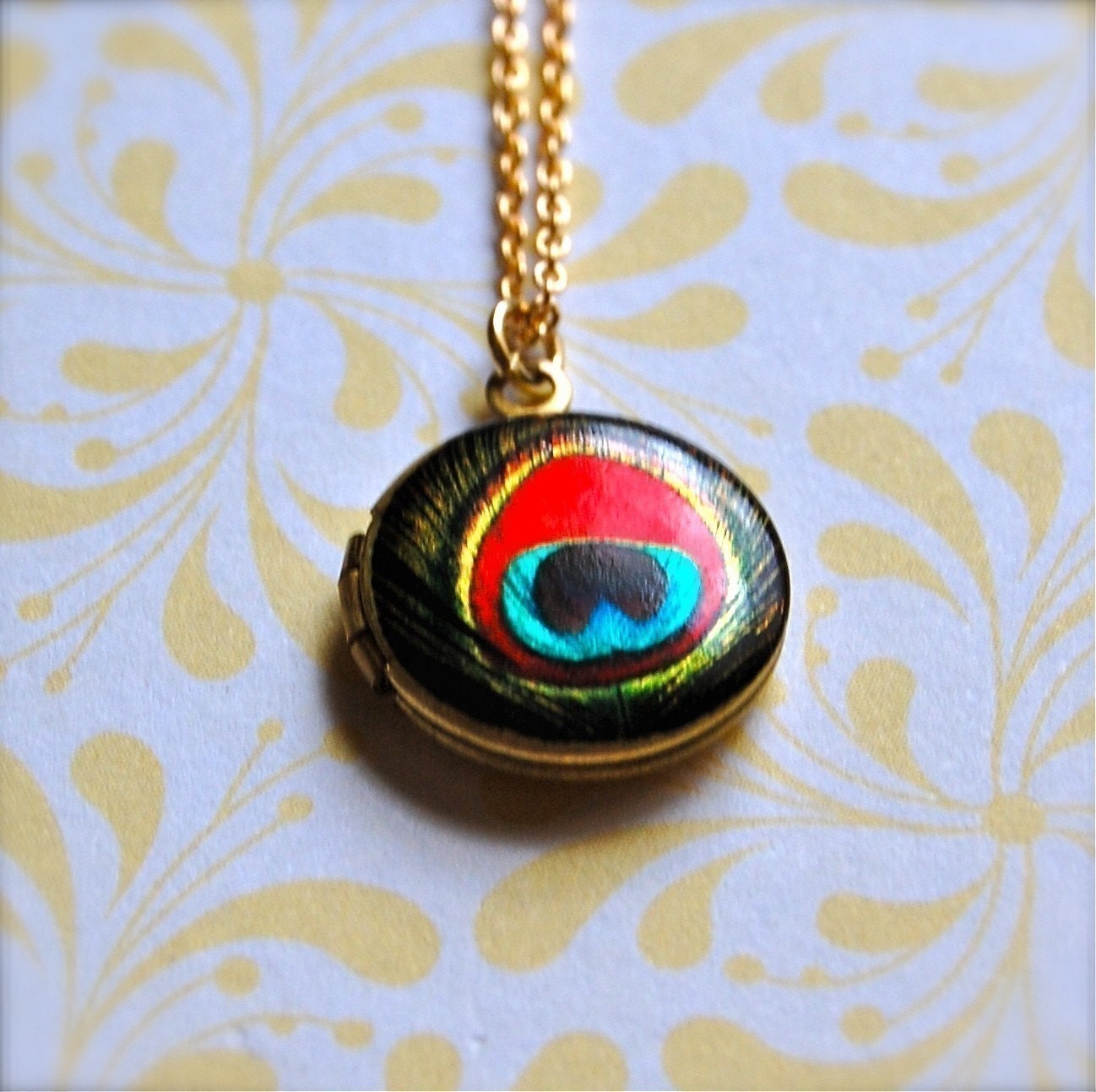 The Tiniest Red Peacock Feather Locket - Vintage