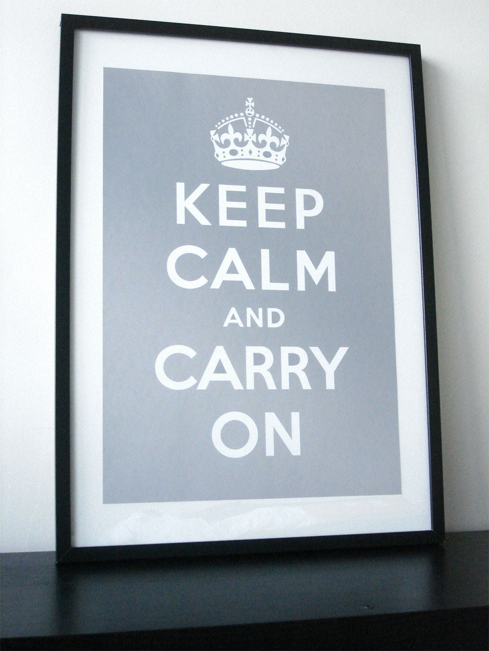 Keep Calm and Carry On (METALLIC SILVER) 16 x 23 Printed on Recycled Paper