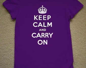 Keep Calm And Carry On WOMENS T-Shirt (Purple- White Ink) S, M, L, XL American Apparel