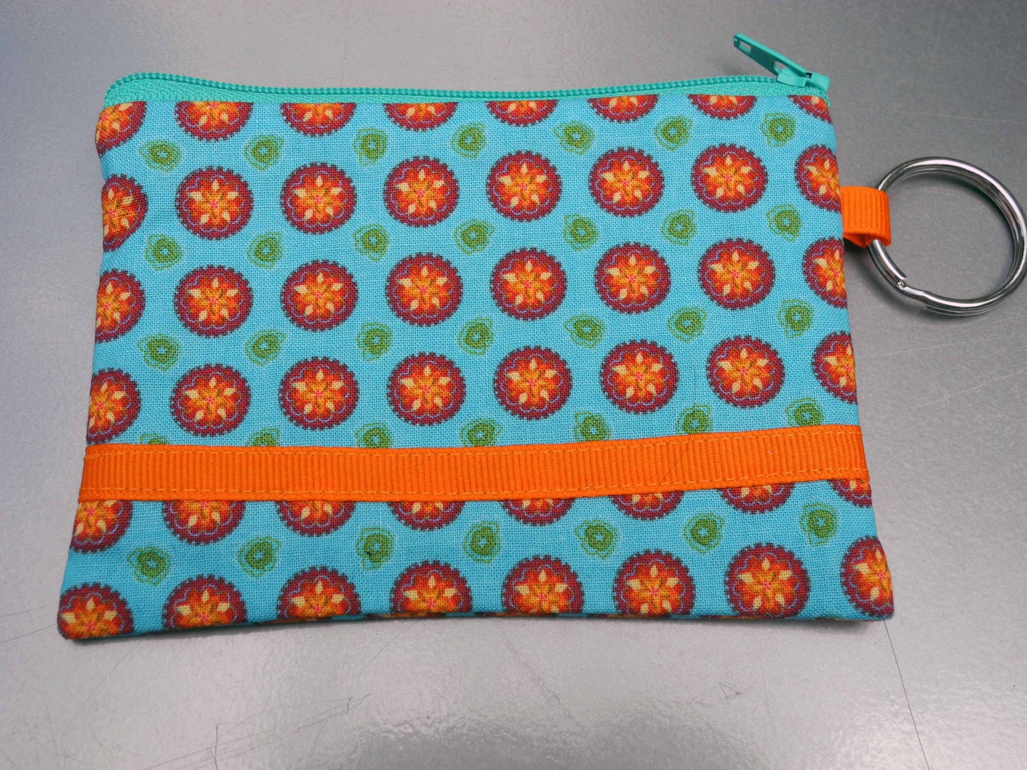 Turquoise and Orange Flower Circle Coin Purse
