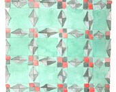 Blue Patchwork Quilt Watercolor Print