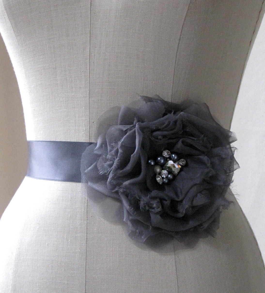 Single Silk Flower And Ribbon Sash In Slate Gray