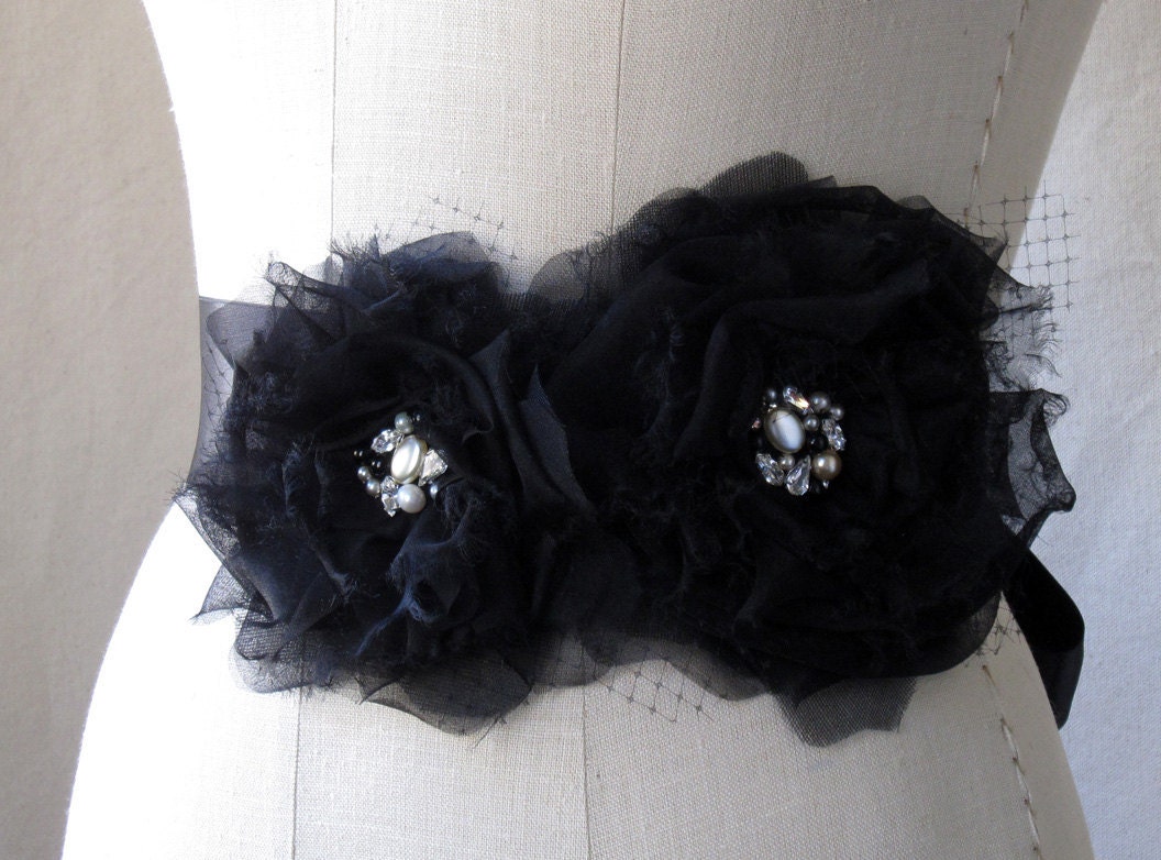 Black Silk Flower With Pearls & Rhinestones Satin Ribbon Sash Belt