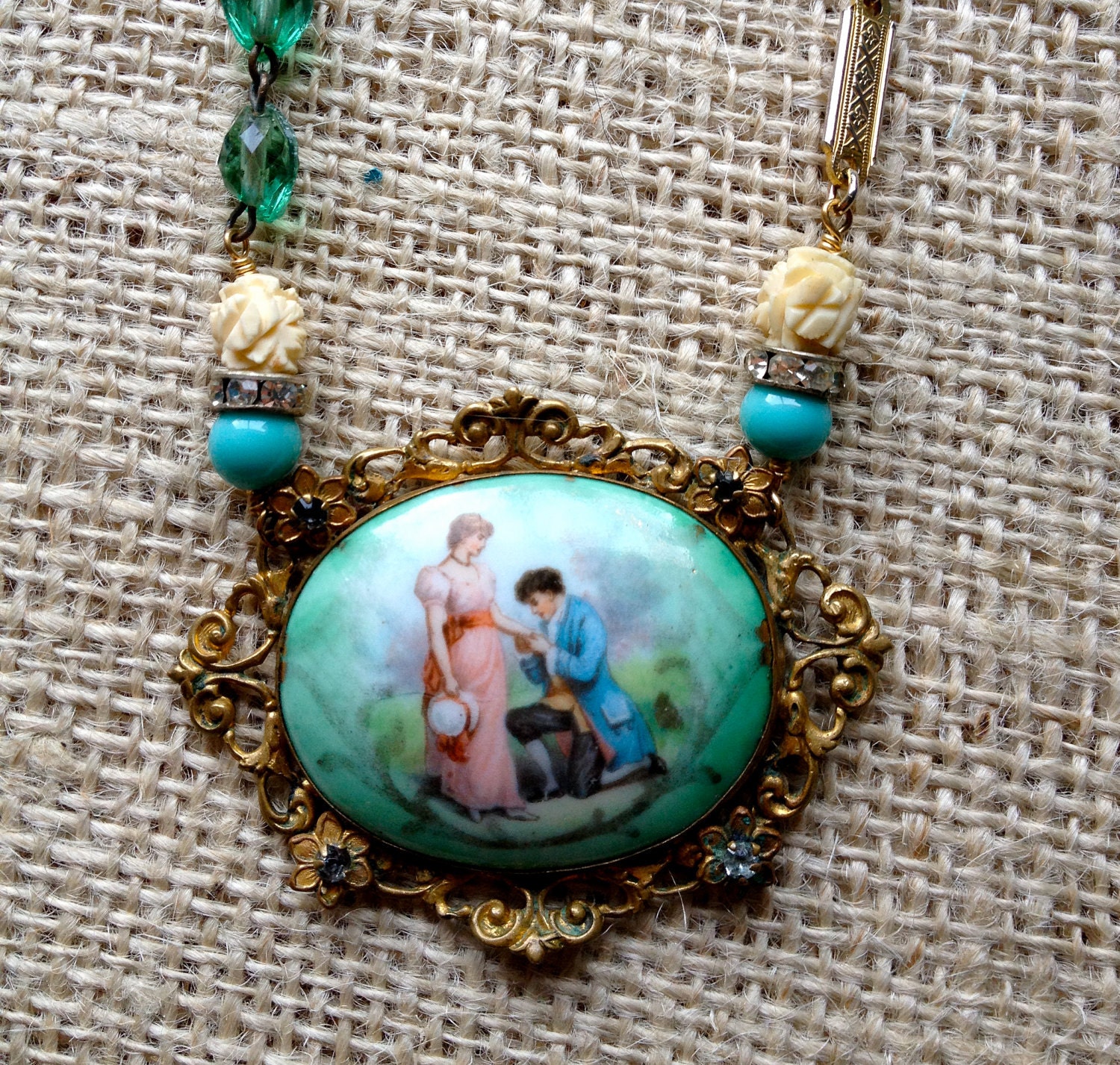 Assembled Necklace - Love in the Garden - Brass Necklace with Green Brooch - Handmade and Upcycled