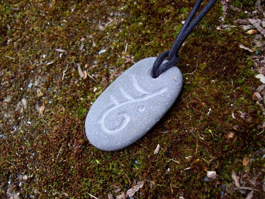 SALE- Primitive Beach Stone Spiral and Lines Pendant