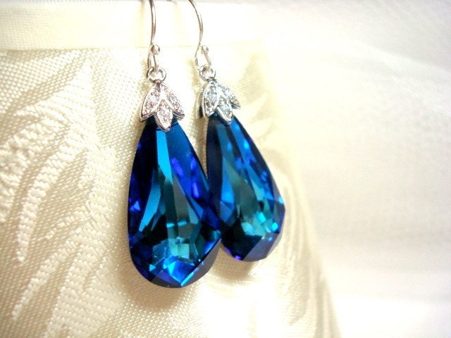 Wedding earrings, Swarovski Bermuda Blue sterling silver earrings with cubic zirconia bail, bridesmaid earrings, wedding jewelry