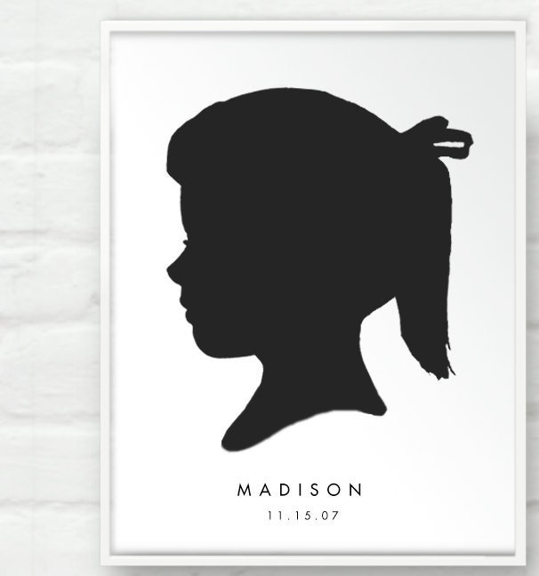 Custom Portrait Child Silhouette Black and White Print - Modern Personalized Boy Girl with Birthday and Name Art - 11x14