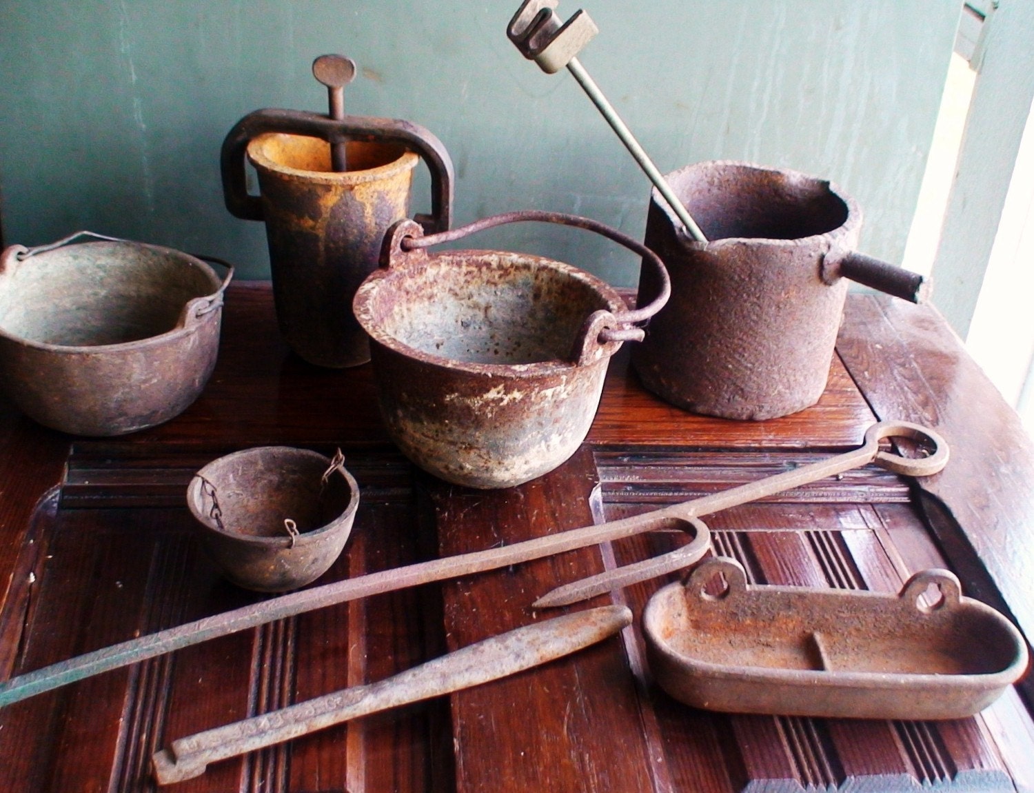 RESERVED for Lisa-Antique Cast Iron Pots and Tools
