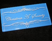 Name Plate, Desk Name Plate, Hand Engraved Glass Tile with Display Stand, Personalized