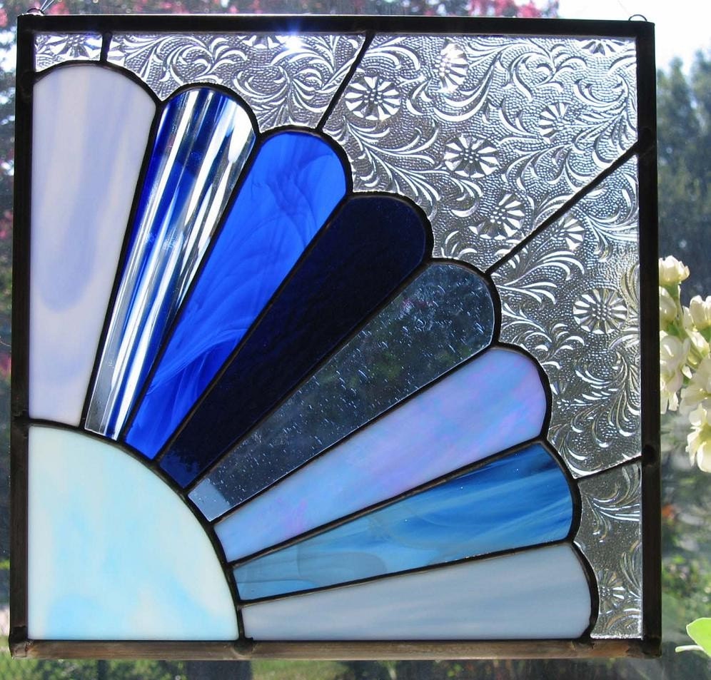 Grandmothers Fan in Blue Stained Glass Panel