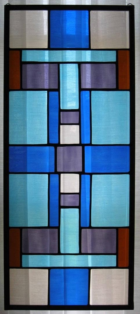 Modern Oblong Blue, Purple, and Amber Geometric Stained Glass Panel