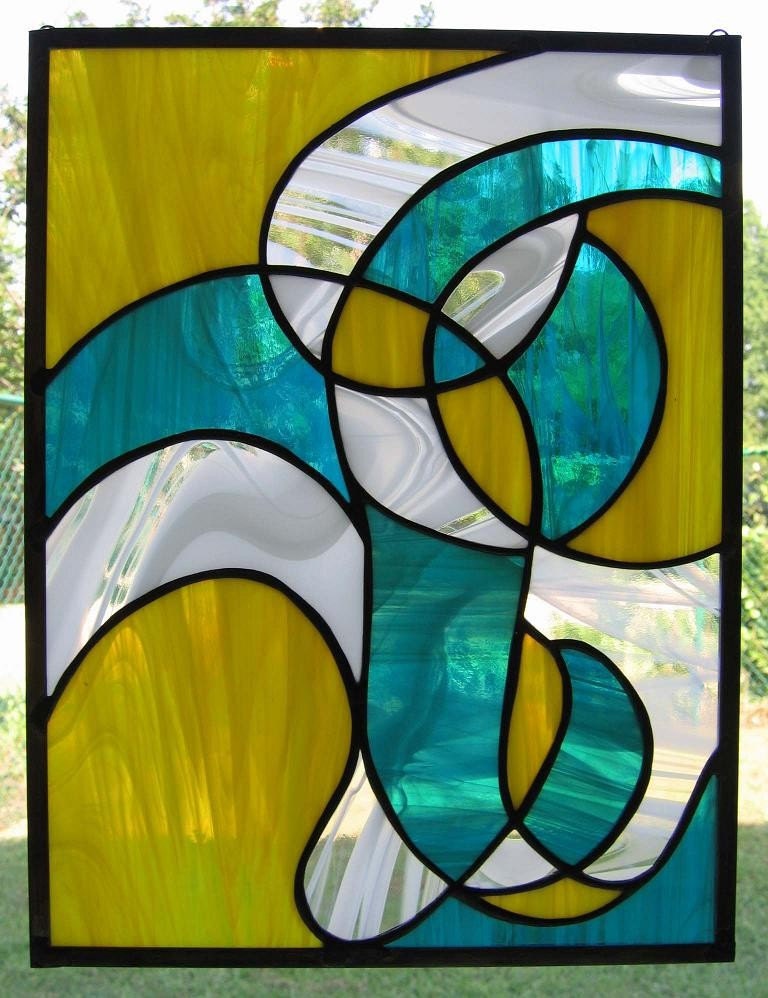 Modern Swirl - Teal and Yellow Stained Glass Panel