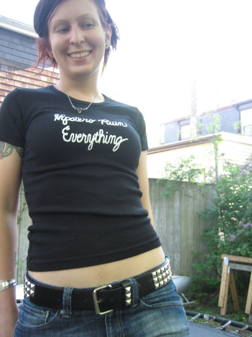 Girly shirt - 'Hipsters Ruin Everything' - White on Black American Apparel Women's fitted short sleeve t-shirt