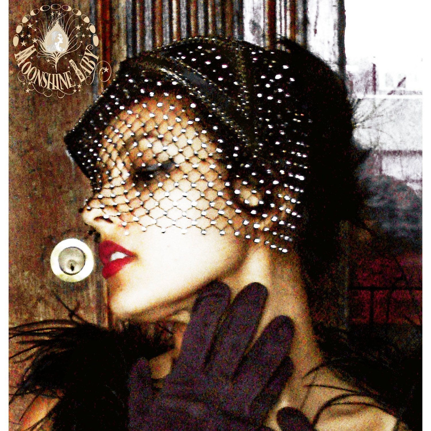 The Bianca - Black Cocktail Hat with Swarovski Crystal Net Birdcage Veil - Art Deco Revival - by Moonshine Baby