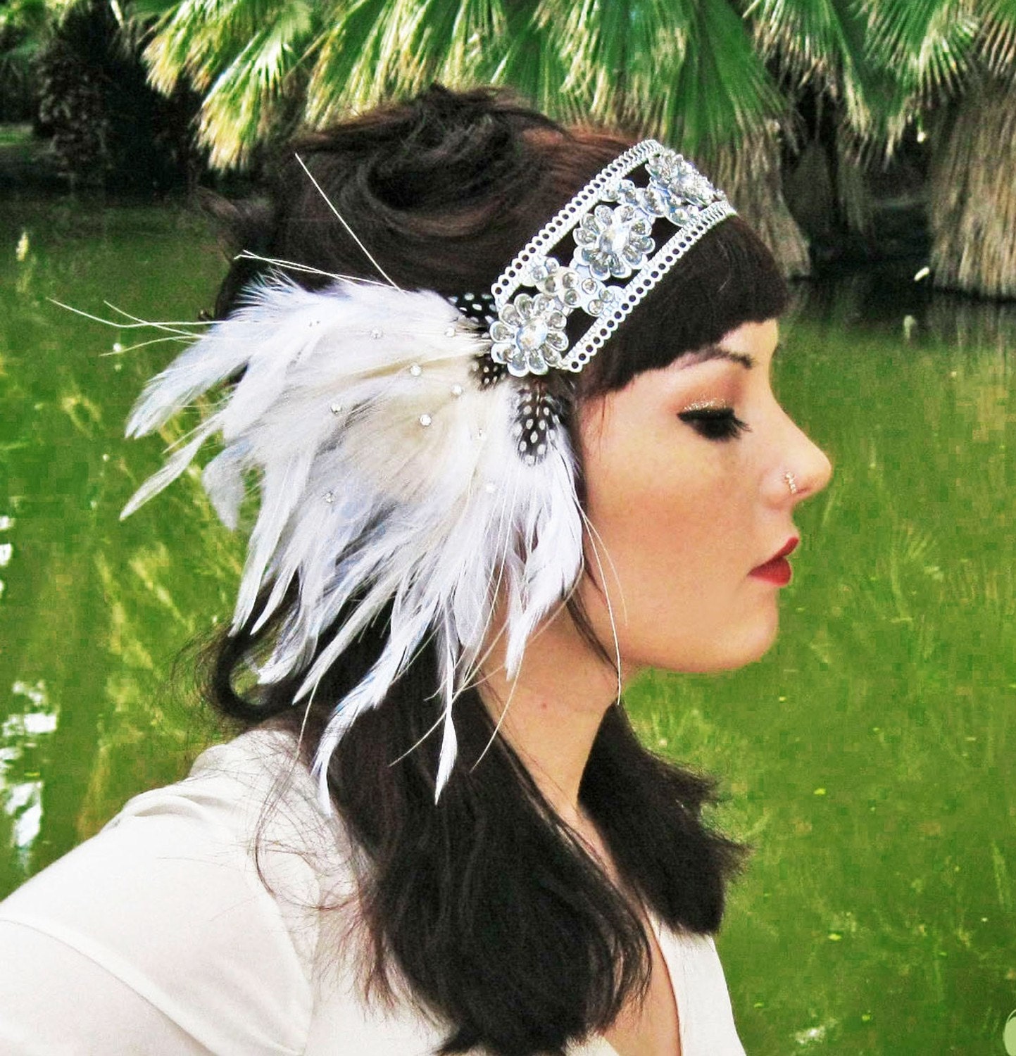 Zelda - White Peacock Flapper Headband in Silver & White w/ Faux Diamonds - by Moonshine Baby